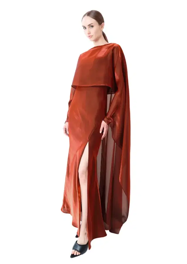 LAPOINTE Metallic Organza Layered Gown With Cape