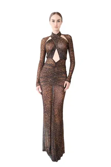 Lapointe Printed Mesh Halter Ruched Gown | Thumbnail 1 Lapointe Printed Mesh Halter Ruched Gown | Thumbnail 1