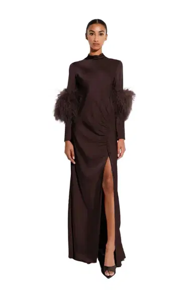 Lapointe Satin Tab Gown With Feathers | Thumbnail 1 Lapointe Satin Tab Gown With Feathers | Thumbnail 1