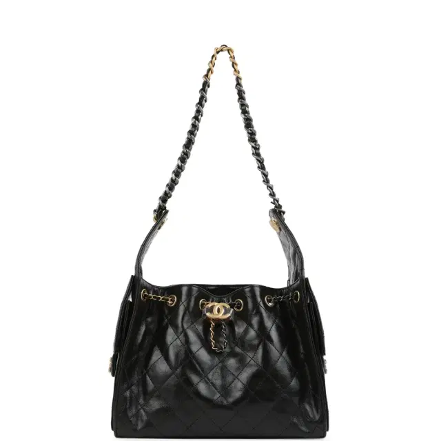 Chanel Chanel Small 25 Hobo Bag Black Shiny Crumpled Calfskin Mixed Metal Hardware