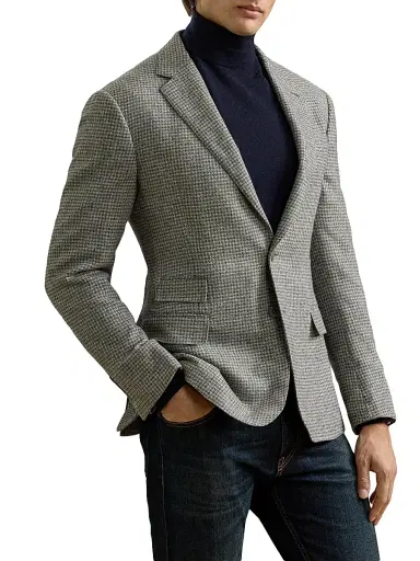 Ralph Lauren Purple Label Men's Kent Hand-Tailored Houndstooth Jacket - Light Grey Multi Blue | Thumbnail 3