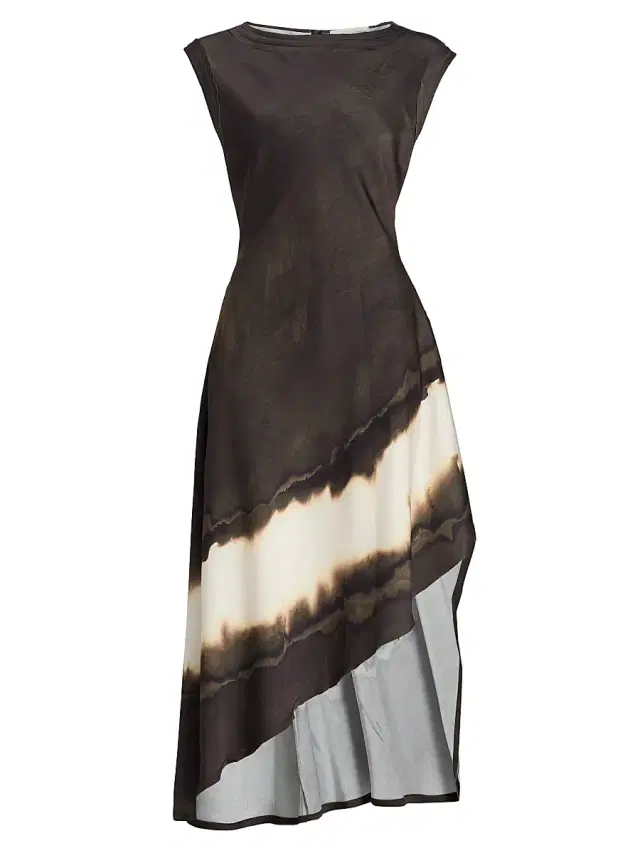 Women's Burned Striped Asymmetric Midi-Dress - Calico Brown Burnt Stripe