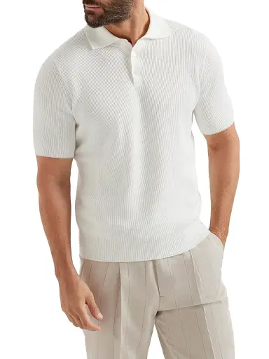 Brunello Cucinelli Men's Cotton English Rib Polo Style Sweater - Panama | Thumbnail 2 Brunello Cucinelli Men's Cotton English Rib Polo Style Sweater - Panama | Thumbnail 2