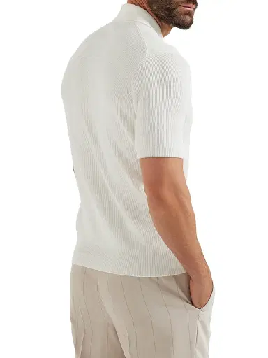 Brunello Cucinelli Men's Cotton English Rib Polo Style Sweater - Panama | Thumbnail 3 Brunello Cucinelli Men's Cotton English Rib Polo Style Sweater - Panama | Thumbnail 3