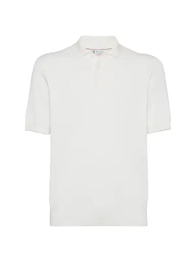 Brunello Cucinelli Men's Cotton English Rib Polo Style Sweater - Panama | Thumbnail 1 Brunello Cucinelli Men's Cotton English Rib Polo Style Sweater - Panama | Thumbnail 1