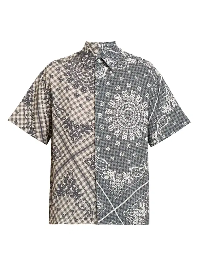 Rhude Men's Split Gingham Bandana Short-Sleeve Shirt - Black White