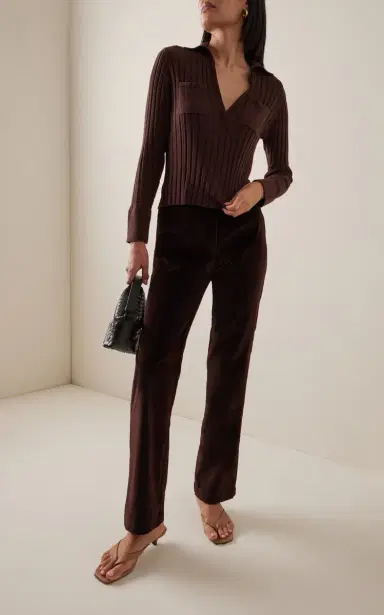 USISI SISTER Hannah Velvet-Detailed Ribbed-Knit Cotton Top - Brown - XS | Thumbnail 3