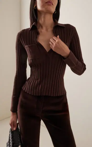 USISI SISTER Hannah Velvet-Detailed Ribbed-Knit Cotton Top - Brown - XS | Thumbnail 6