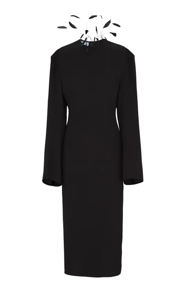 Feather-Embellished Sable Midi Dress