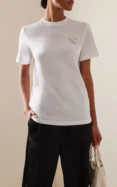 Prada Logo-Crystal Cotton T-Shirt | Thumbnail 2 Prada Logo-Crystal Cotton T-Shirt | Thumbnail 2