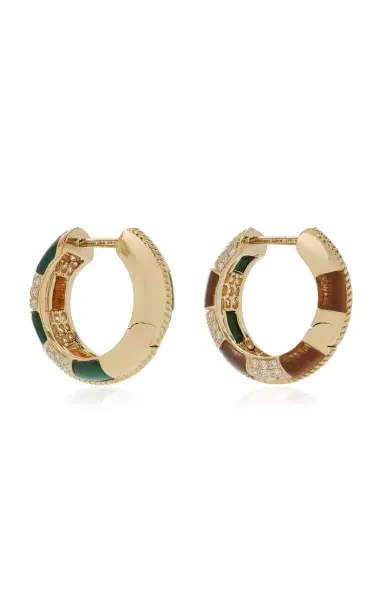 Yvonne Léon 9K Yellow Gold Checked Tigers Eye And Malachite Hoop Earrings | Thumbnail 3