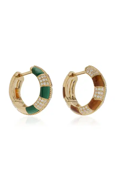 Yvonne Léon 9K Yellow Gold Checked Tigers Eye And Malachite Hoop Earrings | Thumbnail 1