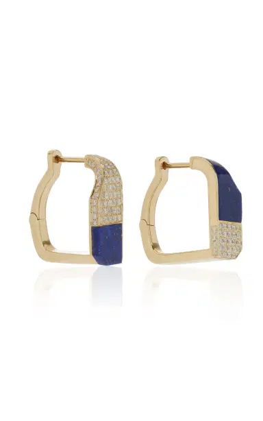 Yvonne Léon 9K Yellow Gold Checked Lapis And Diamond Hoop Earrings | Thumbnail 3