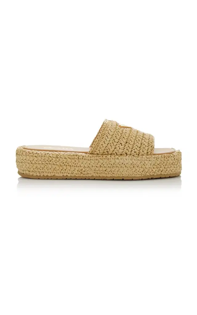Logo-Detailed Raffia Slide Sandal                    - Neutral