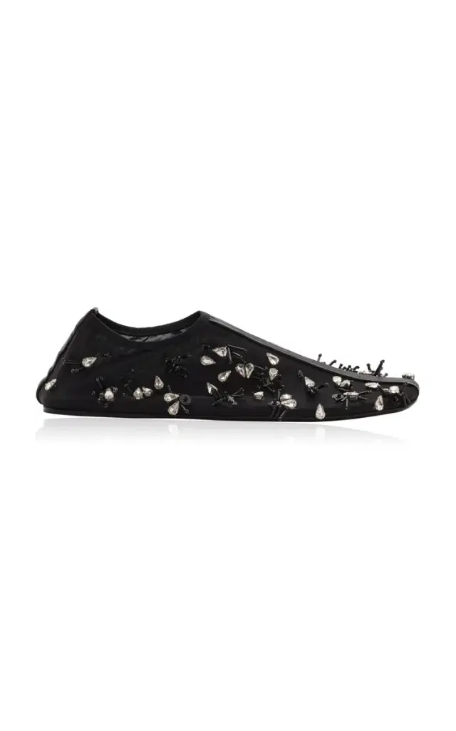 Frosted Bead-Embellished Mesh Flats - Black
