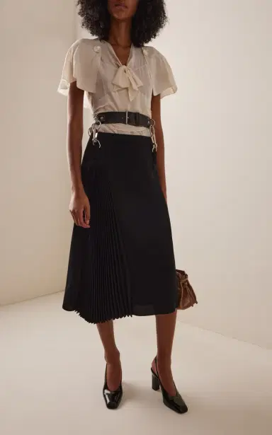 Prada Belt-Detailed Pleated Crepe-Cady Midi Skirt | Thumbnail 2