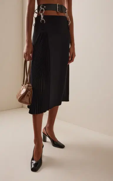 Prada Belt-Detailed Pleated Crepe-Cady Midi Skirt | Thumbnail 3