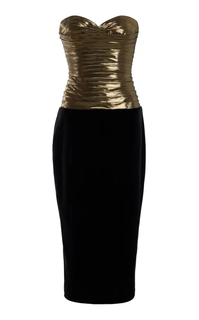 Sergio Hudson Pleated Lame and Stretch-Velvet Midi Dress