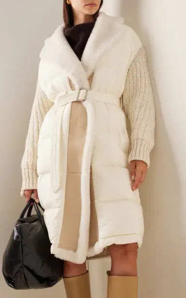 Moncler Shearling-Trimmed Down-Detailed Wool-Blend Long Cardigan | Thumbnail 3 Moncler Shearling-Trimmed Down-Detailed Wool-Blend Long Cardigan | Thumbnail 3