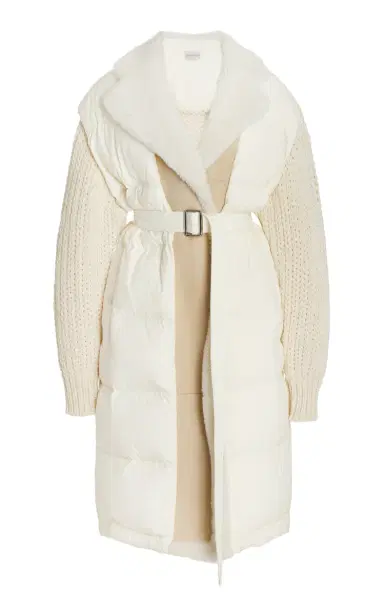 Moncler Shearling-Trimmed Down-Detailed Wool-Blend Long Cardigan | Thumbnail 1 Moncler Shearling-Trimmed Down-Detailed Wool-Blend Long Cardigan | Thumbnail 1