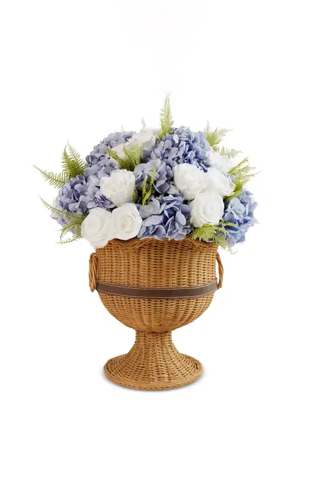 Athena Heirloom Wicker Pedestal Vase W/ Mixed Eternity® Roses & Hydrangeas - Blue
