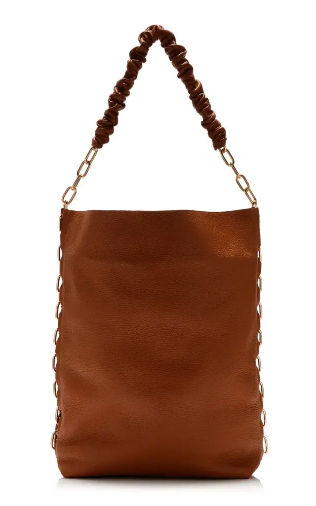 Chain-Detailed Leather Tote Bag - Brown - OS