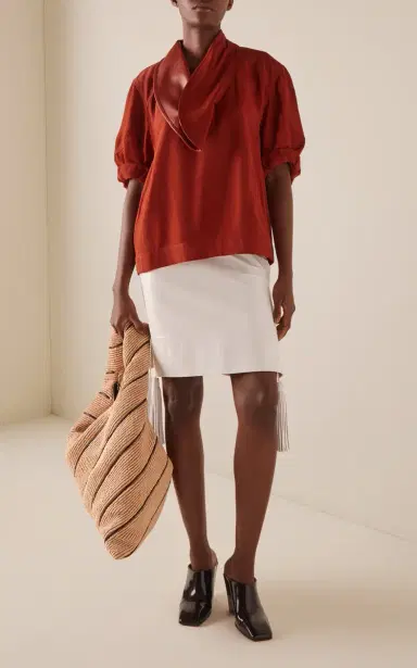 Bottega Veneta Leather-Trimmed Linen-Blend Cocoon Shirt | Thumbnail 2 Bottega Veneta Leather-Trimmed Linen-Blend Cocoon Shirt | Thumbnail 2