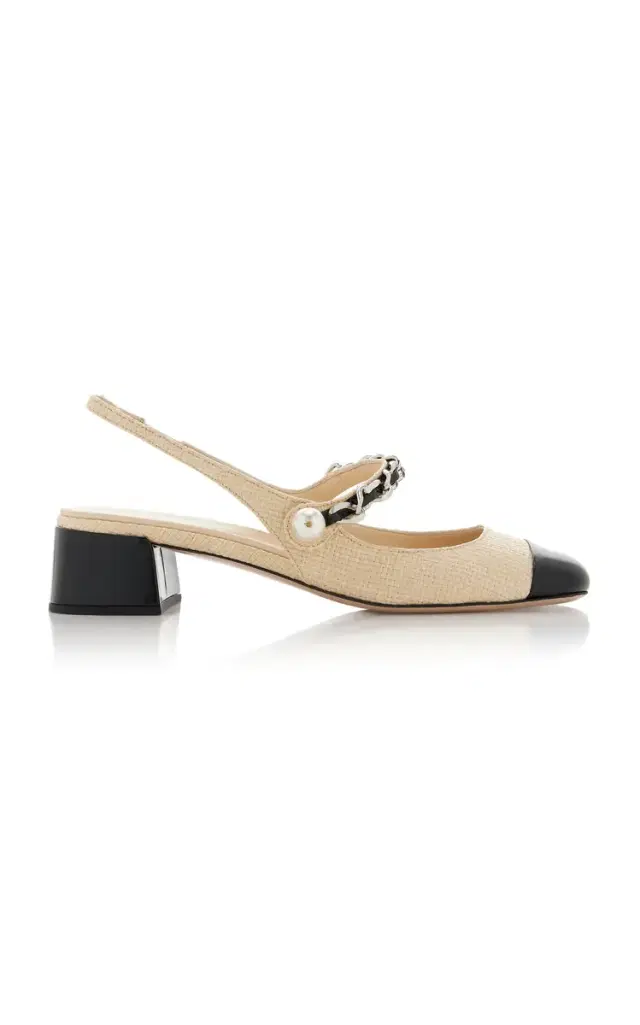 Leather-Trimmed Raffia Slingback Mary Janes