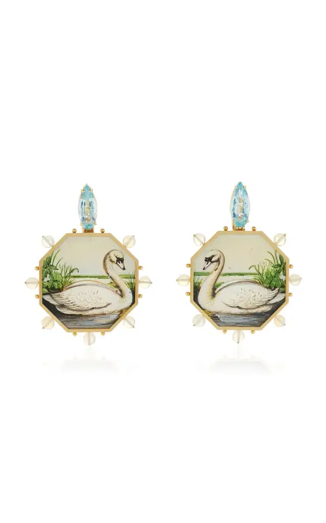 18K Yellow Gold Swan Painting Earrings
