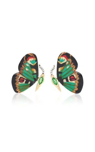 Silvia Furmanovich Marquetry Earrings With Diamond Tsavorite And Green Butterfly Pattern | Thumbnail 1