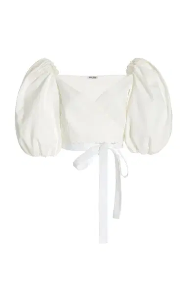 Miu Miu Puff-Sleeve Cotton Pique Cropped Wrap Top | Thumbnail 7 Miu Miu Puff-Sleeve Cotton Pique Cropped Wrap Top | Thumbnail 7