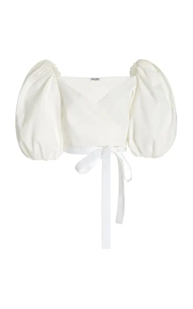 Miu Miu Puff-Sleeve Cotton Pique Cropped Wrap Top