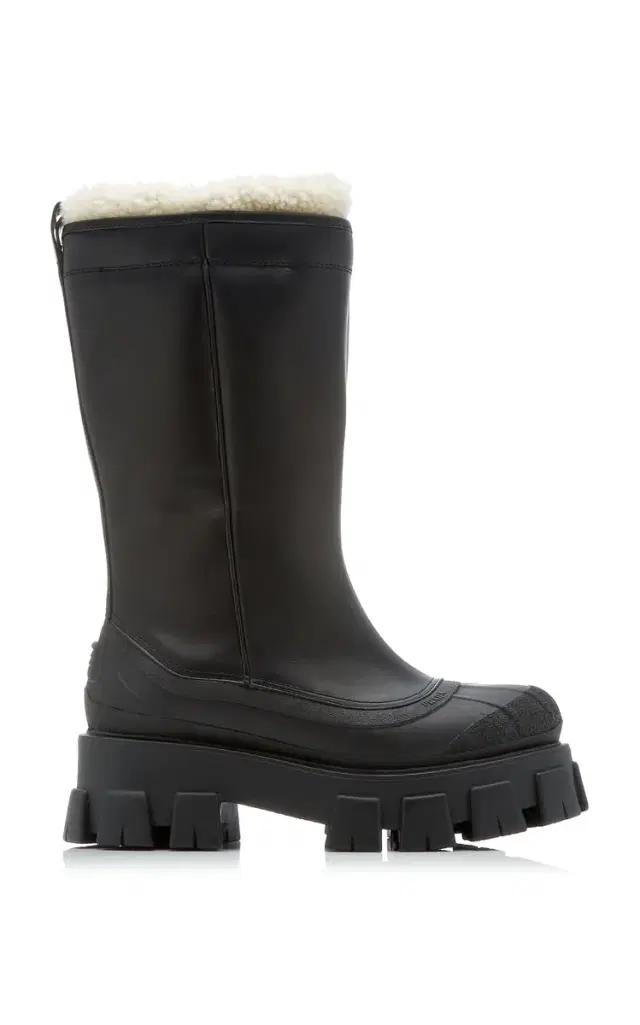 Prada Monolith Shearling-Trimmed Leather Boots