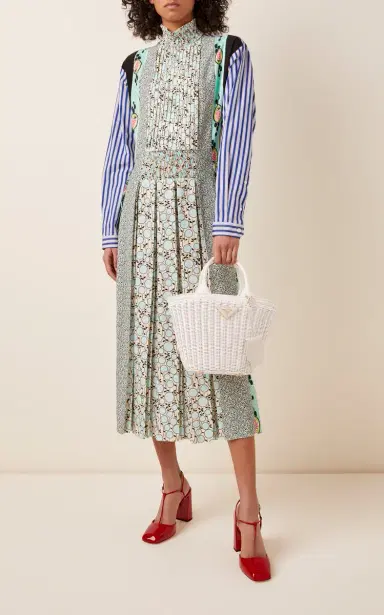 Prada Patchwork Smocked Crepe Midi Dress | Thumbnail 2