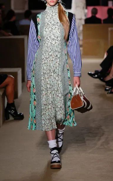 Prada Patchwork Smocked Crepe Midi Dress | Thumbnail 3