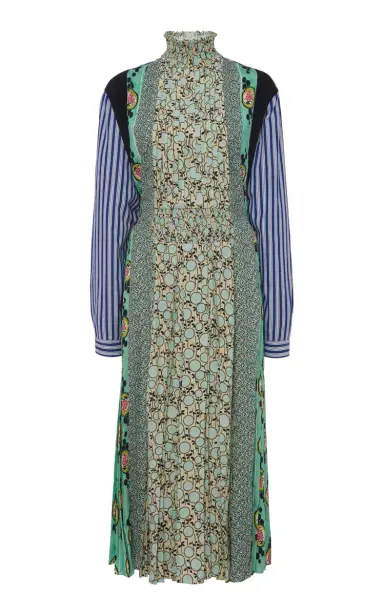 Prada Patchwork Smocked Crepe Midi Dress | Thumbnail 1