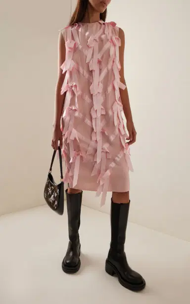 Prada Ribbon-Embroidered Satin Midi Dress | Thumbnail 2