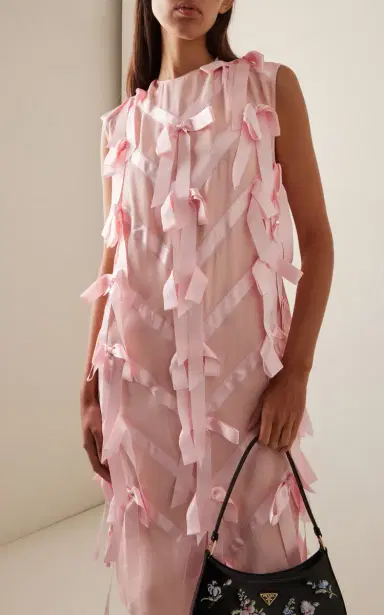 Prada Ribbon-Embroidered Satin Midi Dress | Thumbnail 3