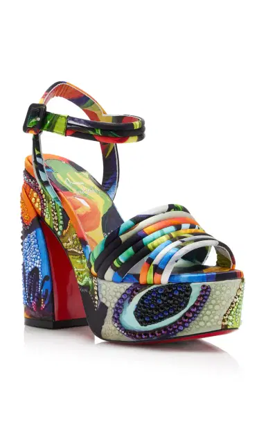 Christian Louboutin Exclusive Riviera Jane Disco Crystal-Embellished Printed Satin Platform Sandals | Thumbnail 4