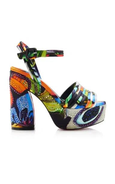 Christian Louboutin Exclusive Riviera Jane Disco Crystal-Embellished Printed Satin Platform Sandals | Thumbnail 1