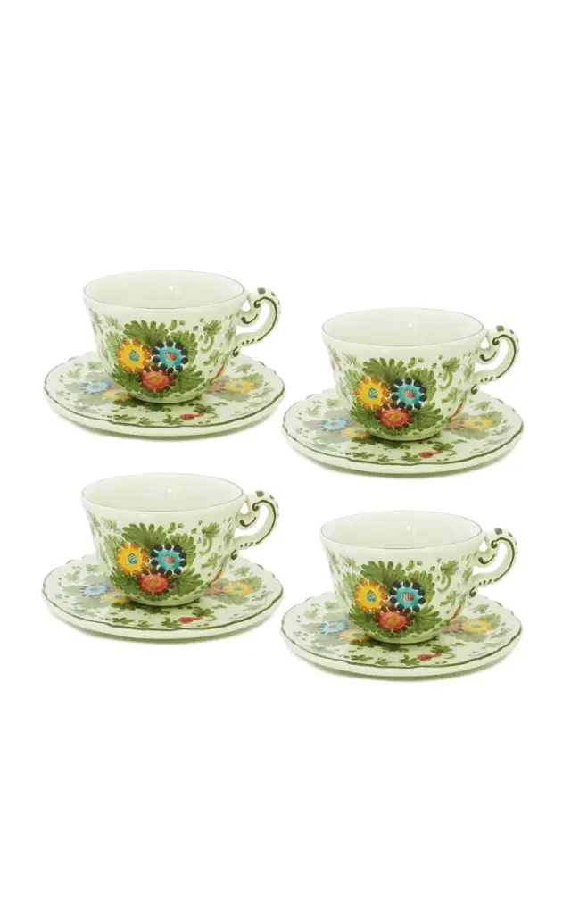 Fiorito by MODA DOMUS; Set-Of-Four Hand-painted Ceramic Teacup and Saucer - Green