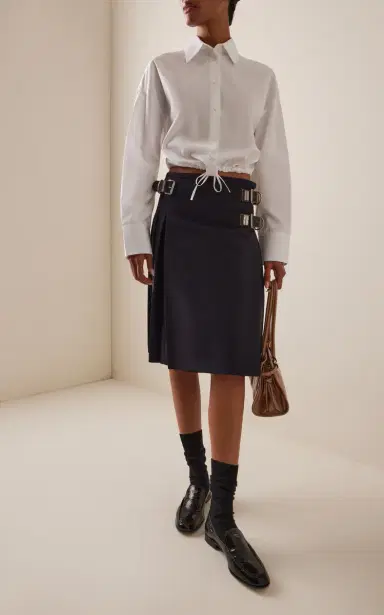 Prada Belt-Detailed Pleated Wool-Blend Midi Skirt | Thumbnail 2