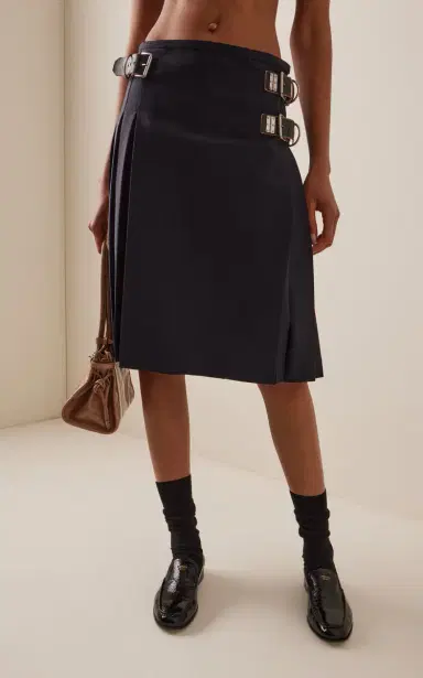 Prada Belt-Detailed Pleated Wool-Blend Midi Skirt | Thumbnail 3