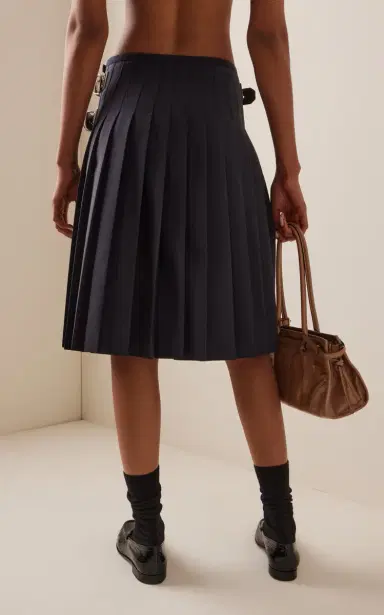 Prada Belt-Detailed Pleated Wool-Blend Midi Skirt | Thumbnail 4