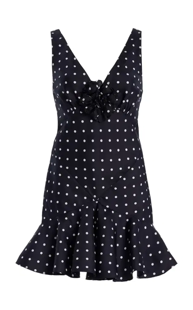 Flower-Detailed Polka-Dot Silk-Twill Mini Dress