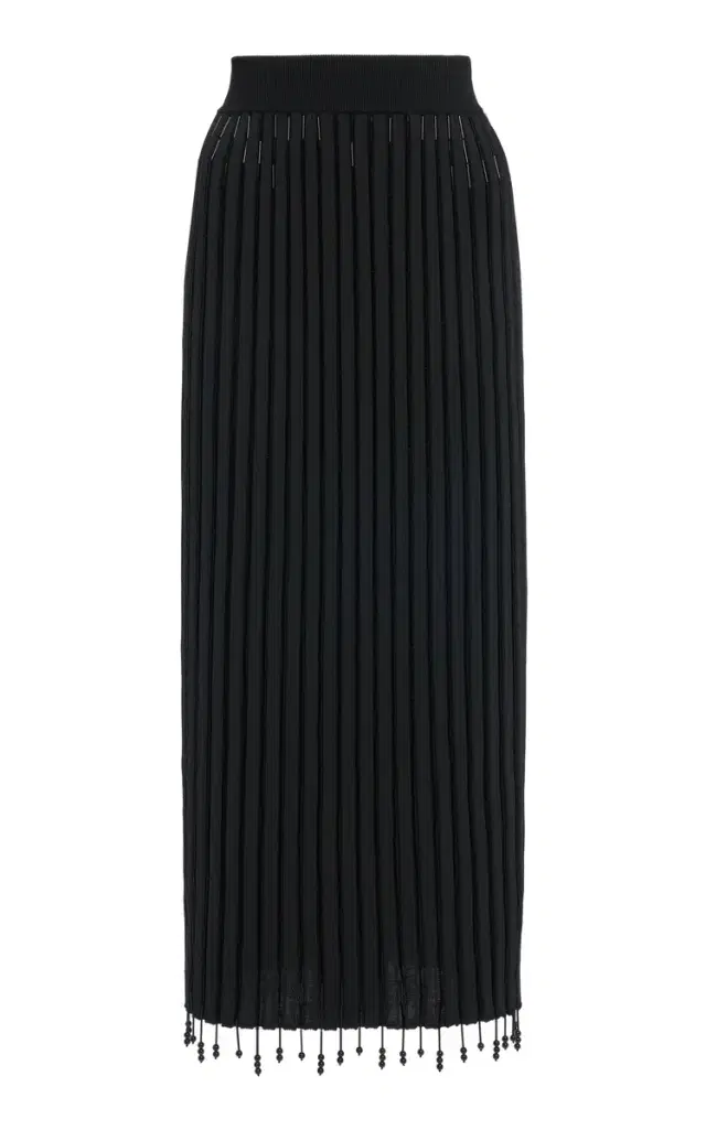 Embellished Plissé-Knit Midi Skirt