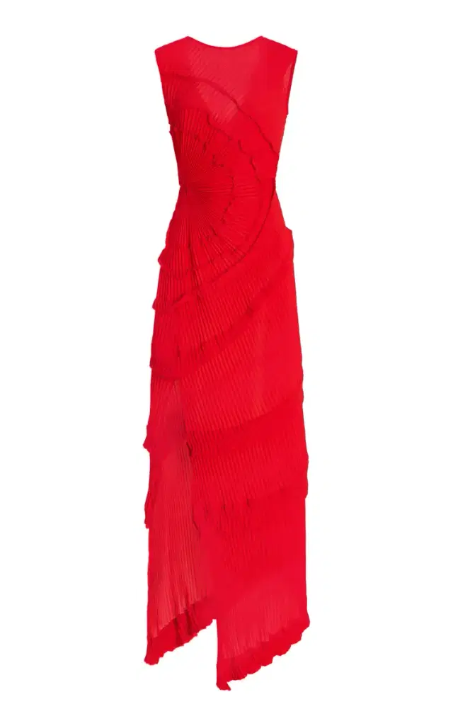 Exclusive Opal Ruffled Plissé Jersey Maxi Dress