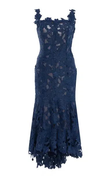 Oscar de la Renta Asymmetric Floral Guipure Midi Dress | Thumbnail 1