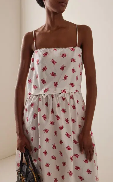 Miu Miu Button-Detailed Floral Cotton-Linen Midi Dress | Thumbnail 3