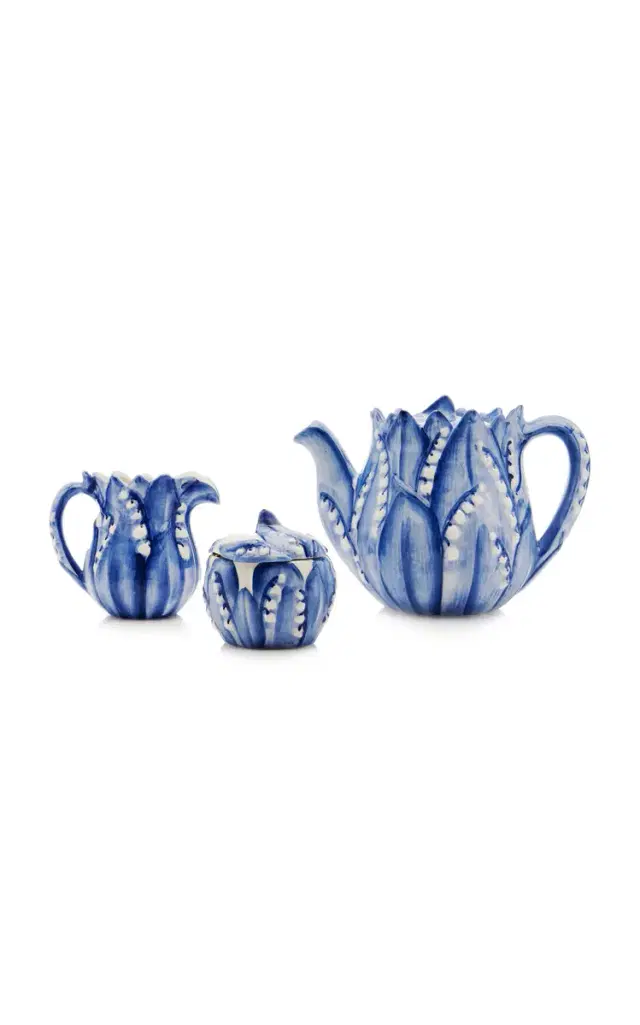 Lily Of The Valley Ceramic Teapot; Cream; and Sugar Set - Green